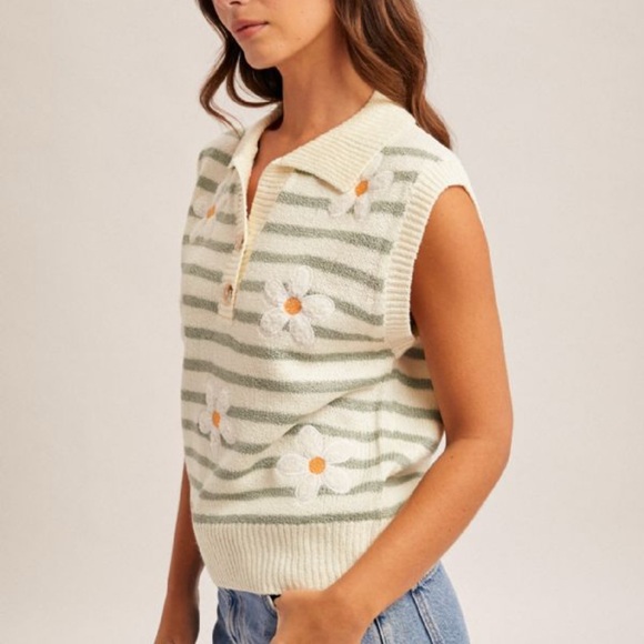 Hem & Thread Striped Sweater Vest with Daisy Accents - Picture 2 of 7